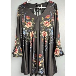 Free People Date Night Black Floral Mini Dress Tie Back Long Sleeve
